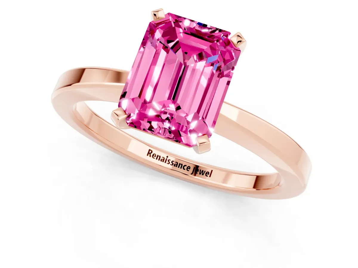 Emerald Cut Pink Sapphire Solitaire Engagement Ring with Classic Band and Four-Prong Setting Rose gold