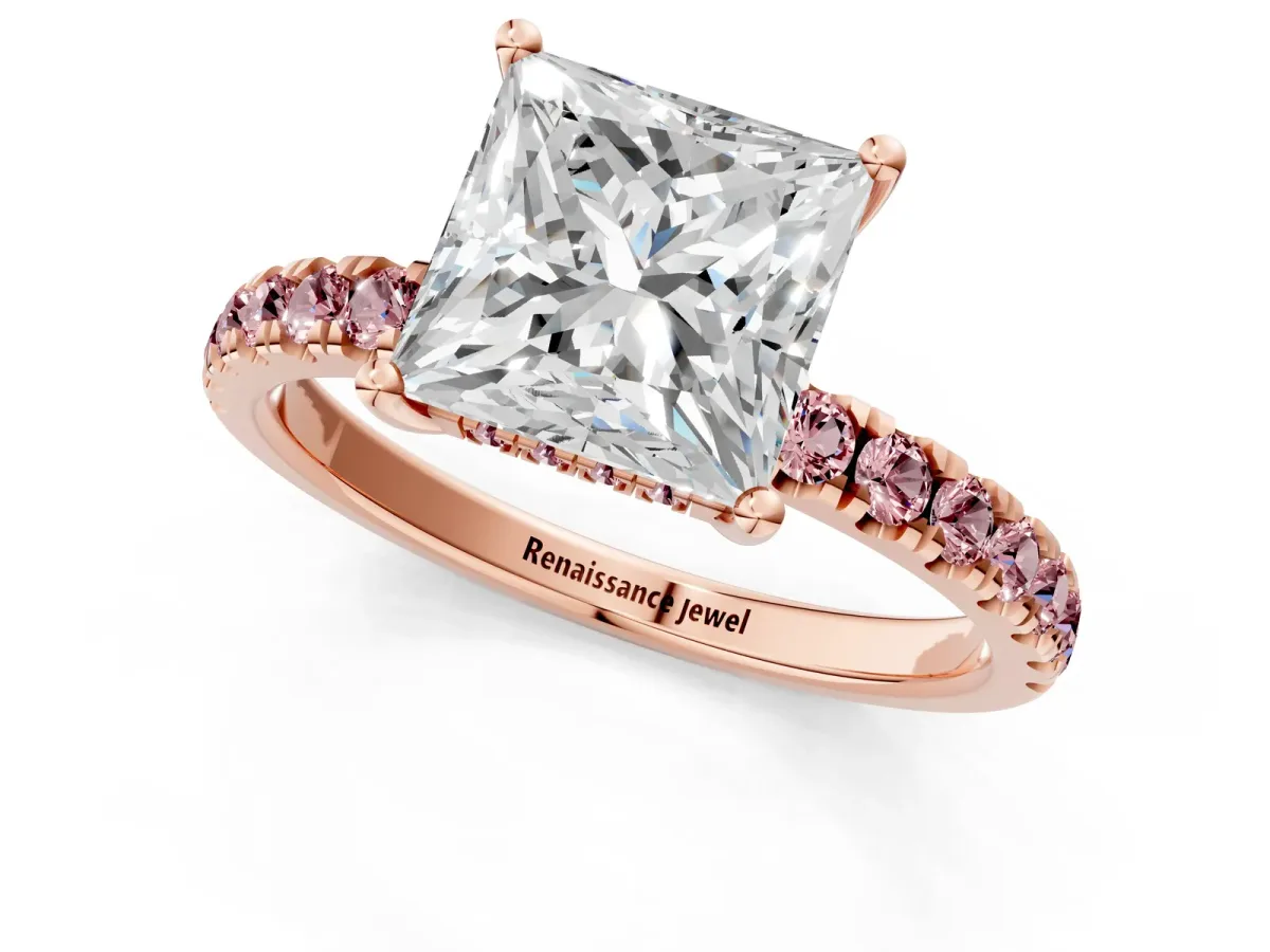 Princess Cut Diamond Pave Band Solitaire Ring with Round Morganite and Prong Setting Rose gold
