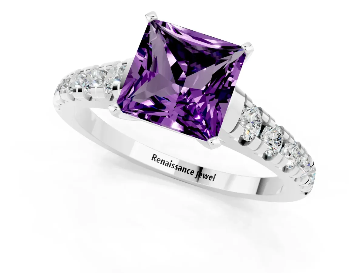 Princess Cut Amethyst Cathedral Solitaire Ring with Round Pavé Band White gold