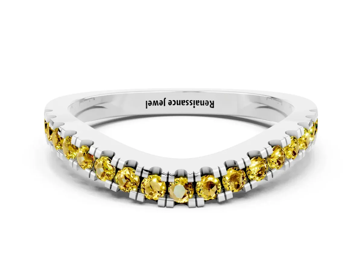 Round Yellow Sapphire Pavé Curved Band with Shared Prong Setting White gold