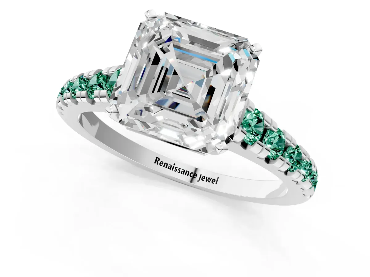 Asscher Cut Diamond Cathedral Solitaire Ring with Round Green Sapphire Pavé Band Silver
