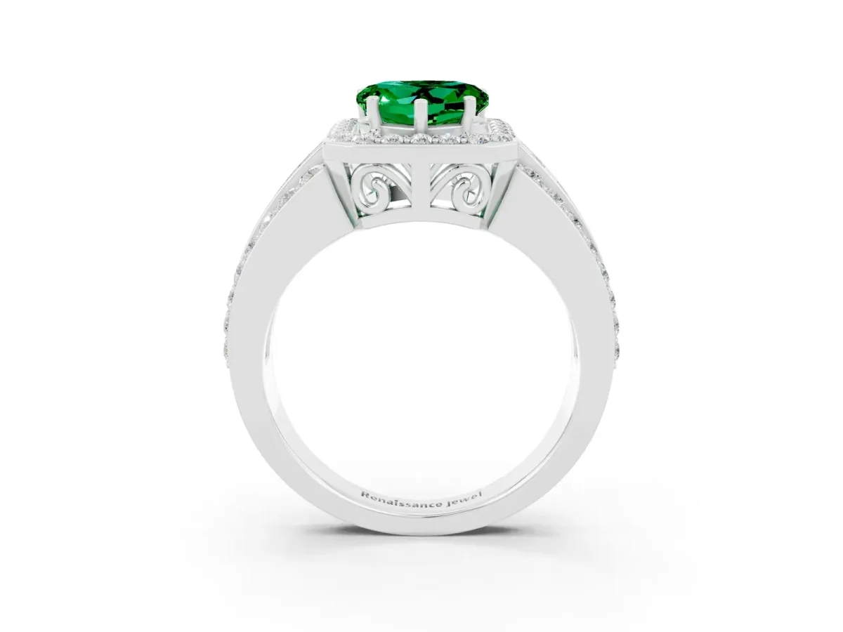 Heart Cut Halo Emerald Ring with Round Split Shank and Prong Setting Silver