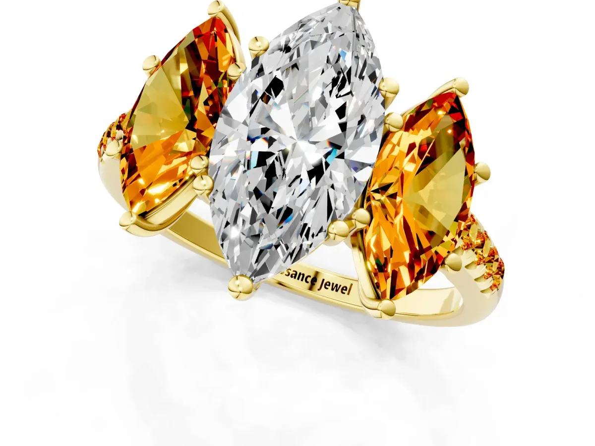 Three-Stone Marquise Cut Diamond Ring with Round Citrine Pavé Band and Prong Setting Yellow gold