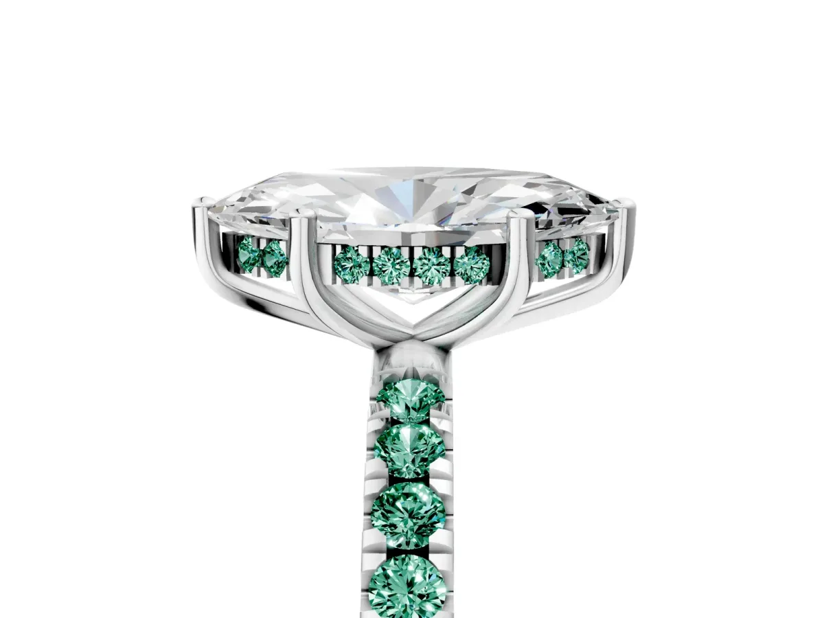 Marquise Cut Diamond Pave Band Solitaire Ring with Round Green Sapphire and Prong Setting Silver