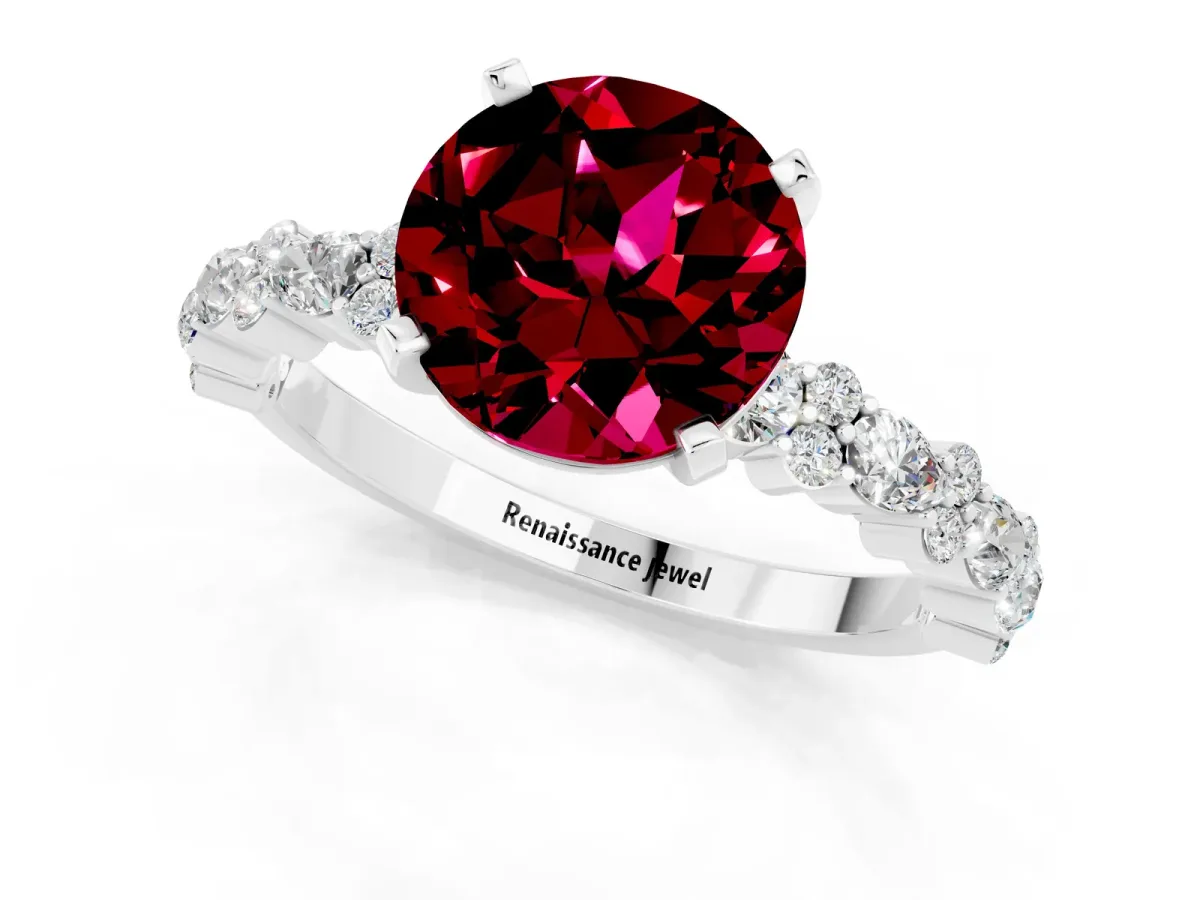 Round Cut Garnet Side Stone Solitaire Ring with Round and Four-Prong Setting Silver