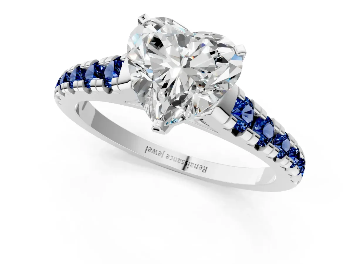Heart Cut Diamond Cathedral Solitaire Ring with Round Blue Sapphire Pavé Band Platinum
