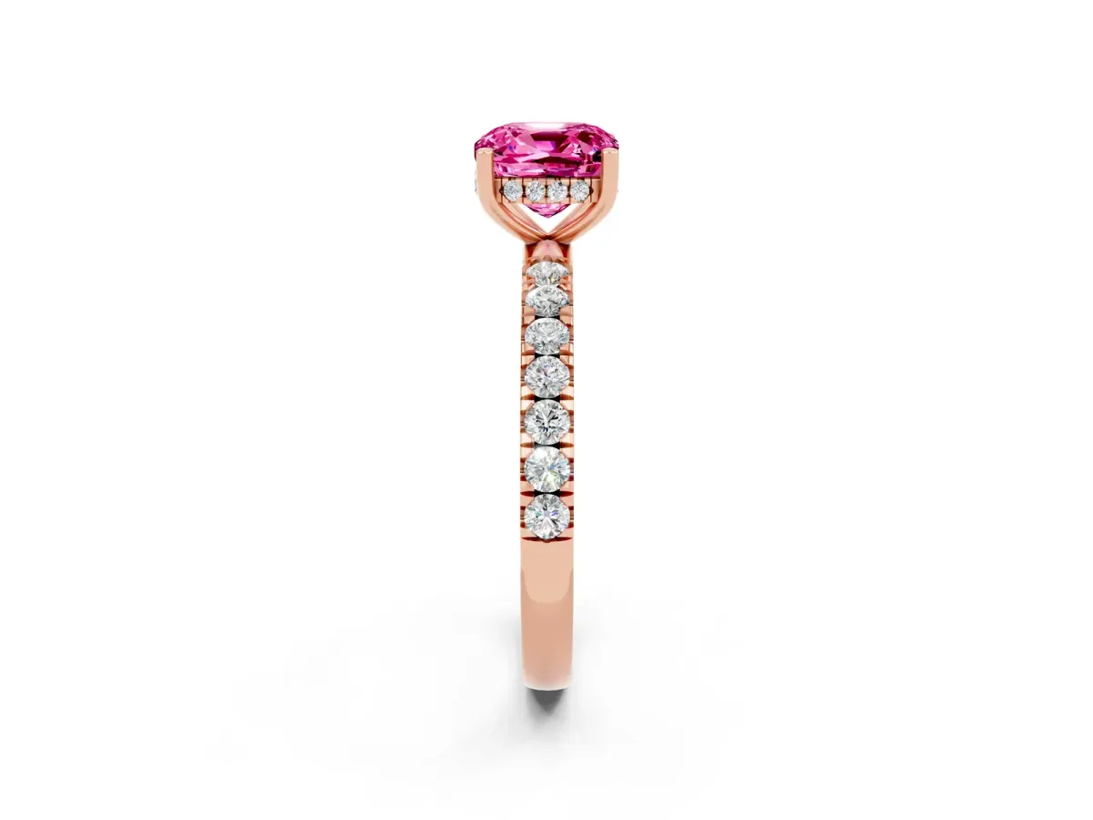 Cushion Cut Pink Sapphire Pave Band Solitaire Ring with Round and Prong Setting Rose gold
