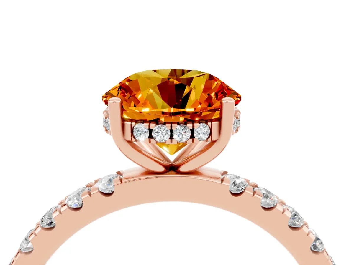 Round Cut Citrine Pave Band Solitaire Ring with Round and Prong Setting Rose gold