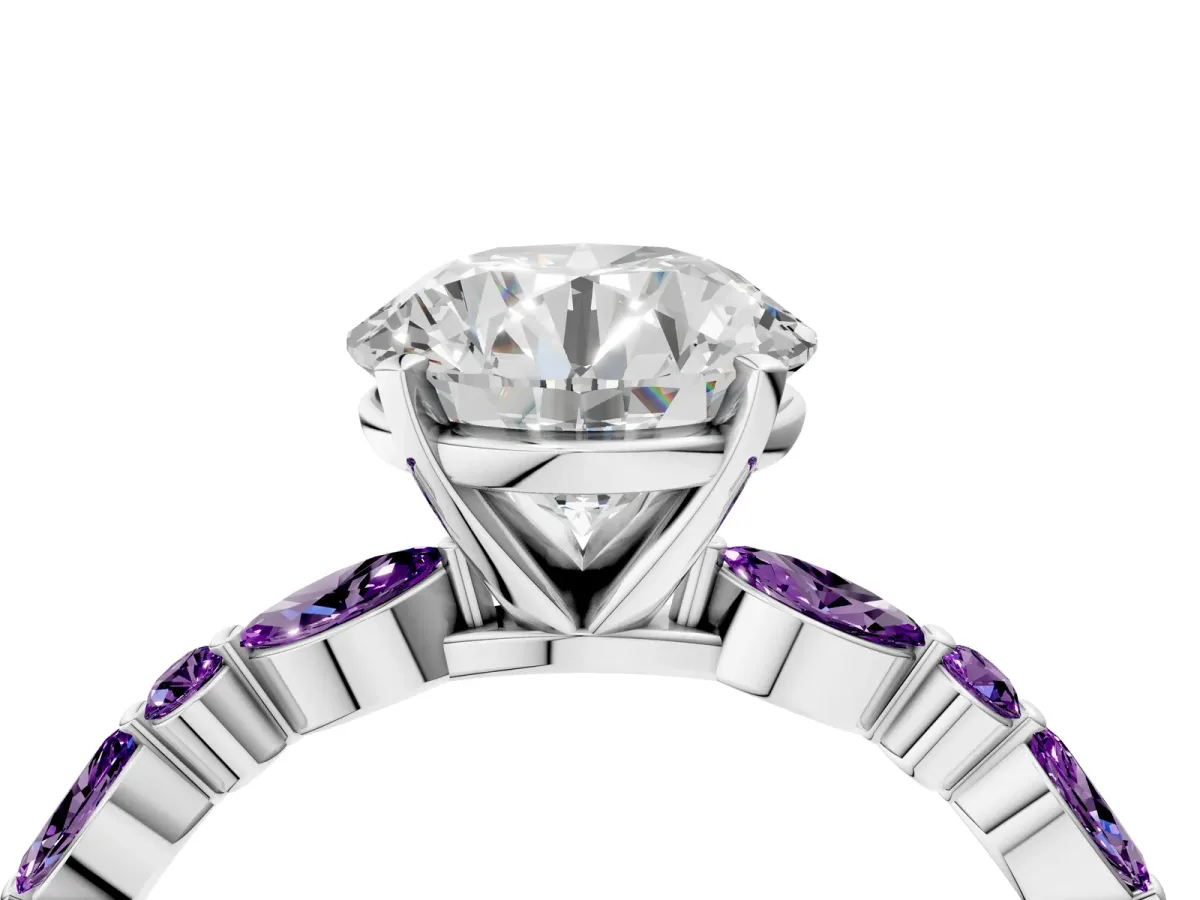 Round Cut Diamond Ring with Marquise and Round Amethyst Side Stones and Four-Prong Setting Silver