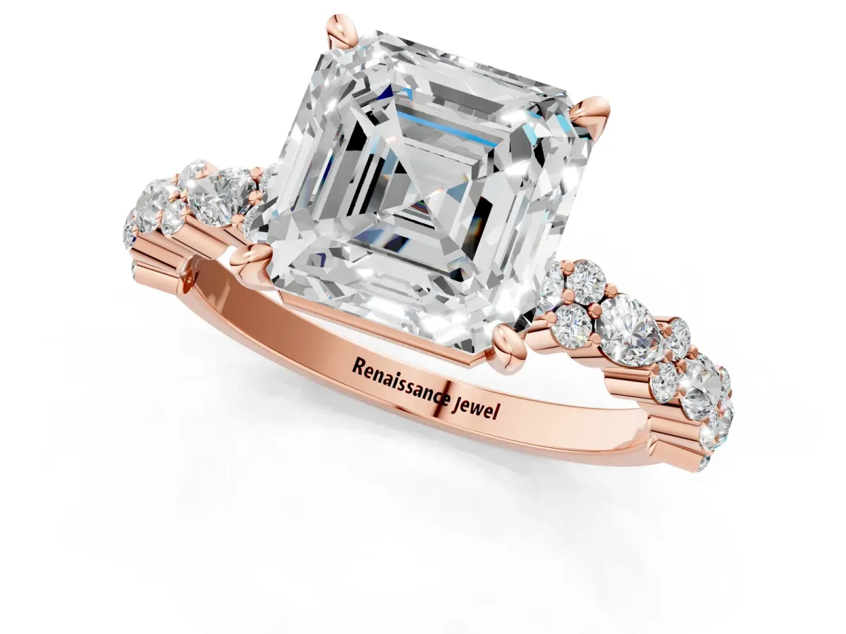 Asscher Cut Diamond Side Stone Solitaire Ring with Round Moissanite and Four-Prong Setting Rose gold