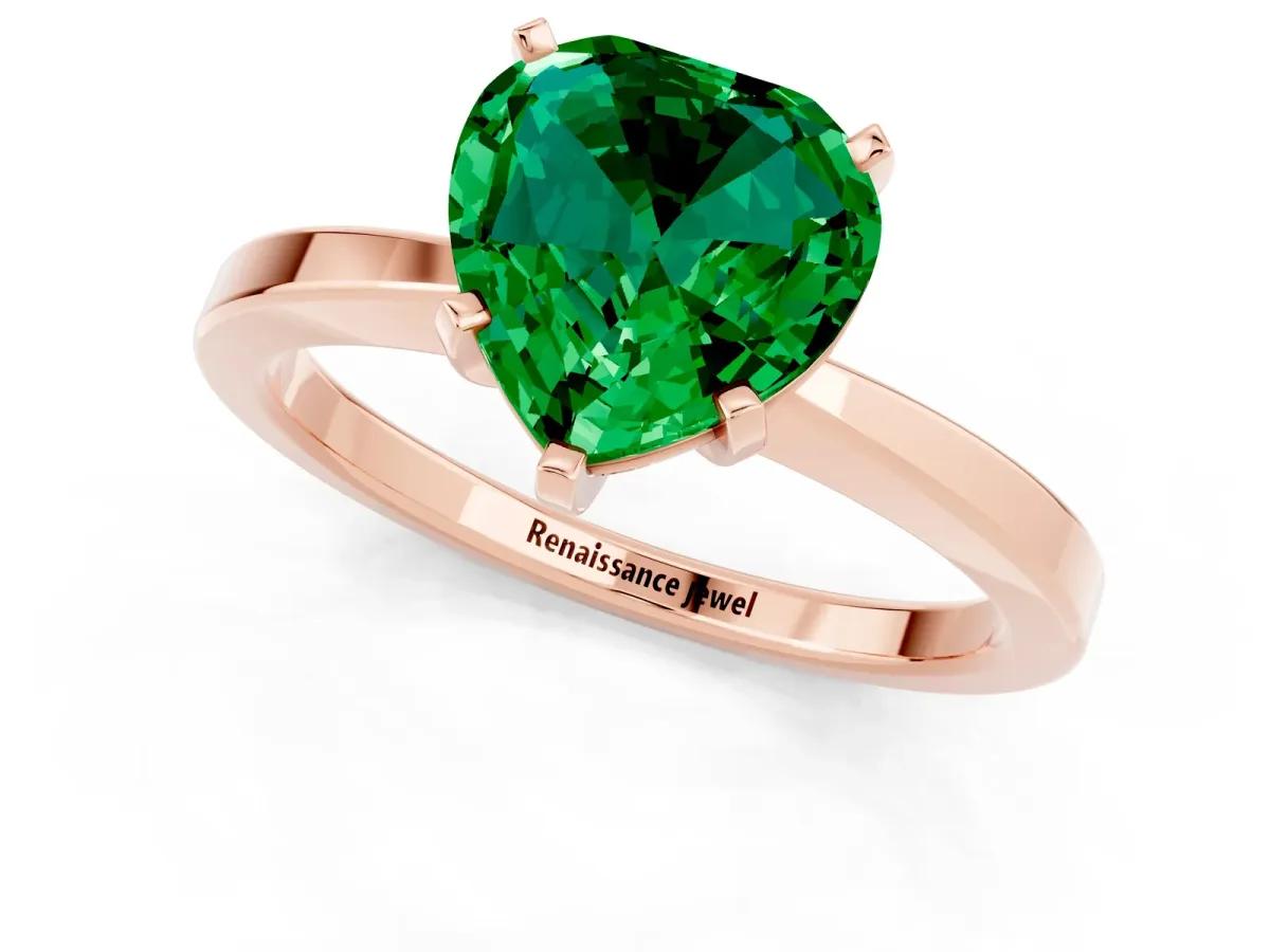 Heart Cut Emerald Solitaire Engagement Ring with Classic Band and Four-Prong Setting Rose gold