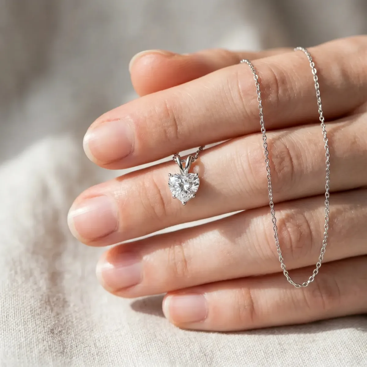 Heart-Shaped Diamond Solitaire Pendant with Four-Prong Setting White gold