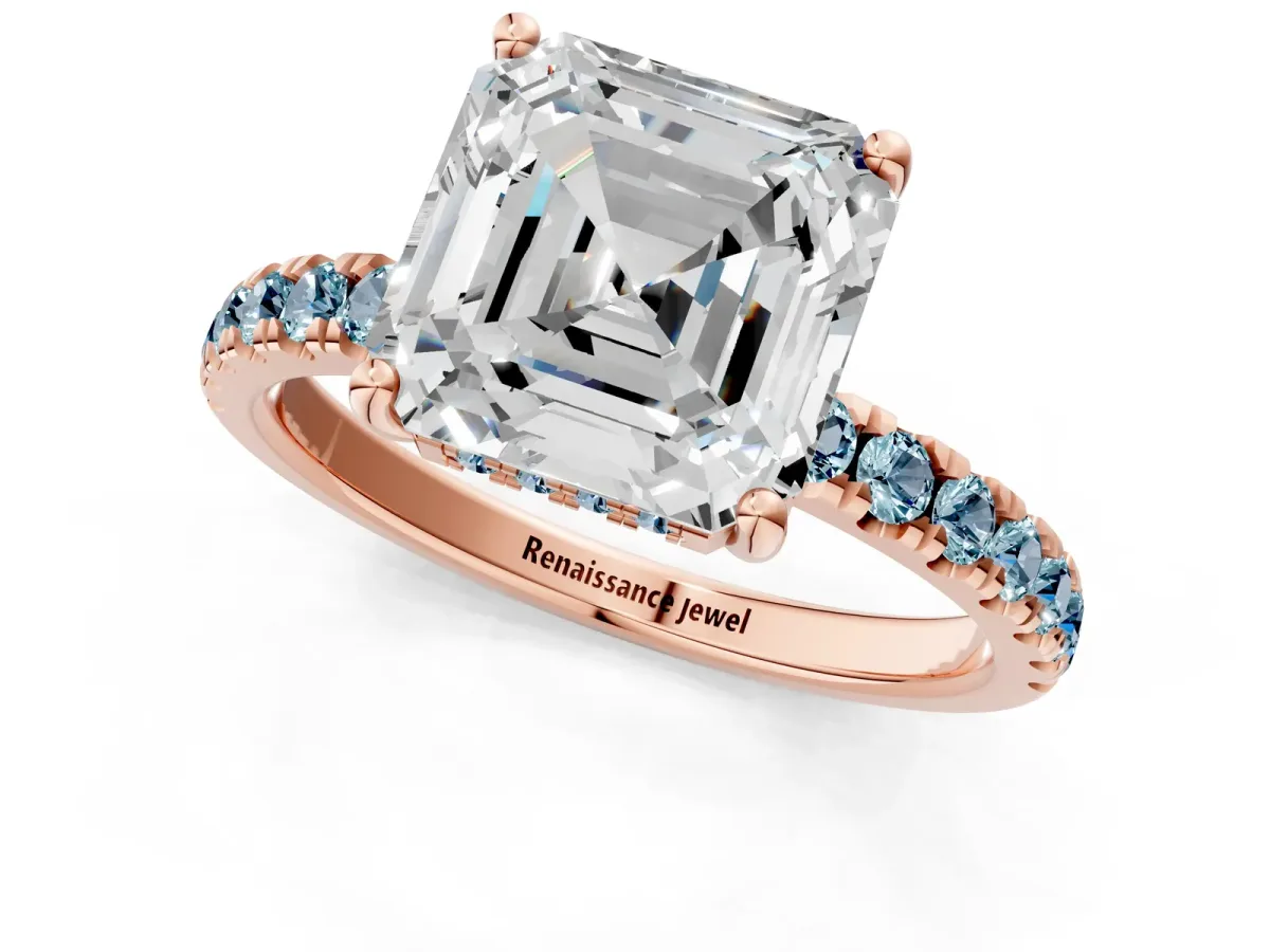 Asscher Cut Diamond Pave Band Solitaire Ring with Round Aquamarine and Prong Setting Rose gold