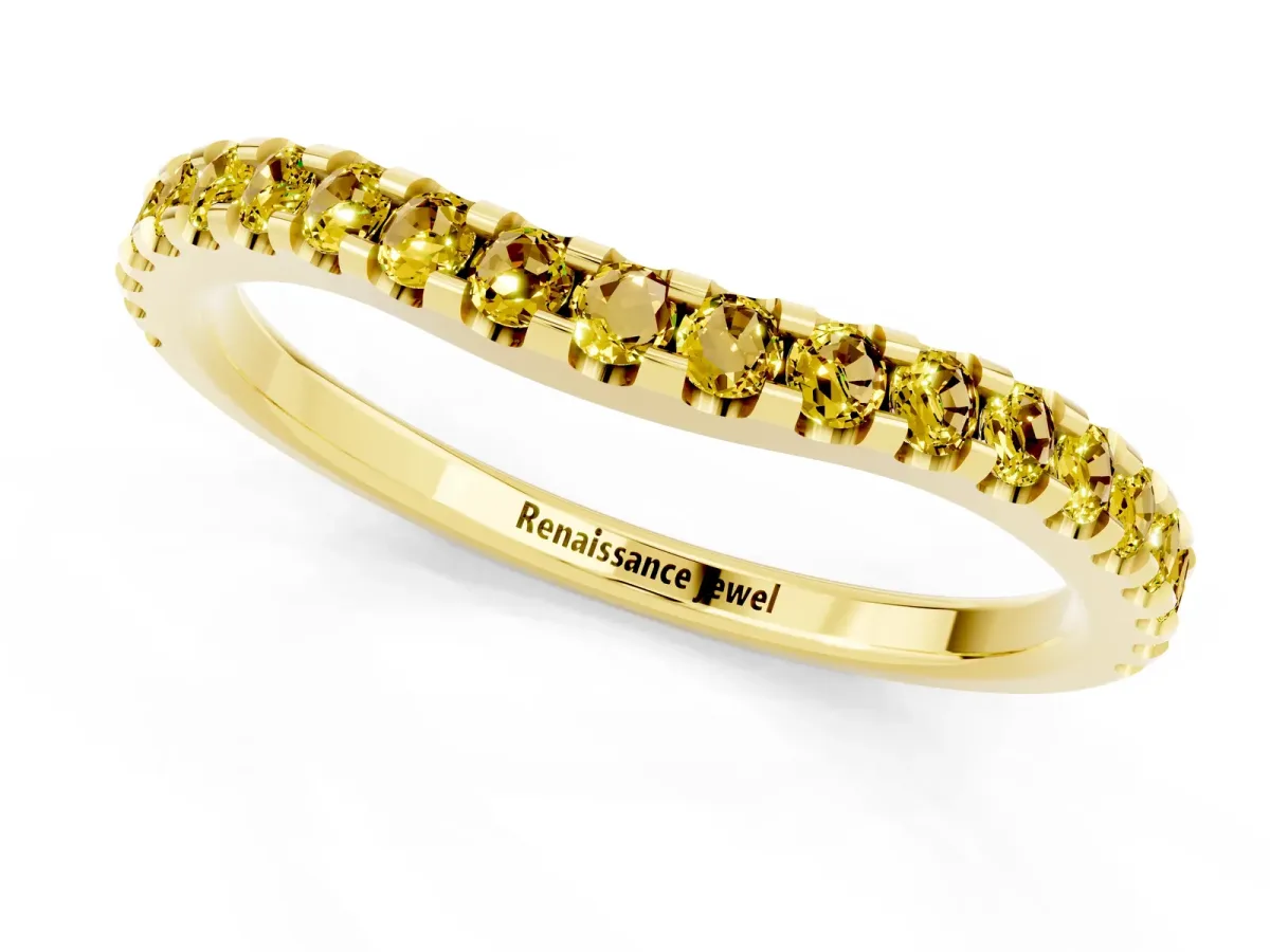 Round Yellow Sapphire Pavé Curved Wedding Band Yellow gold