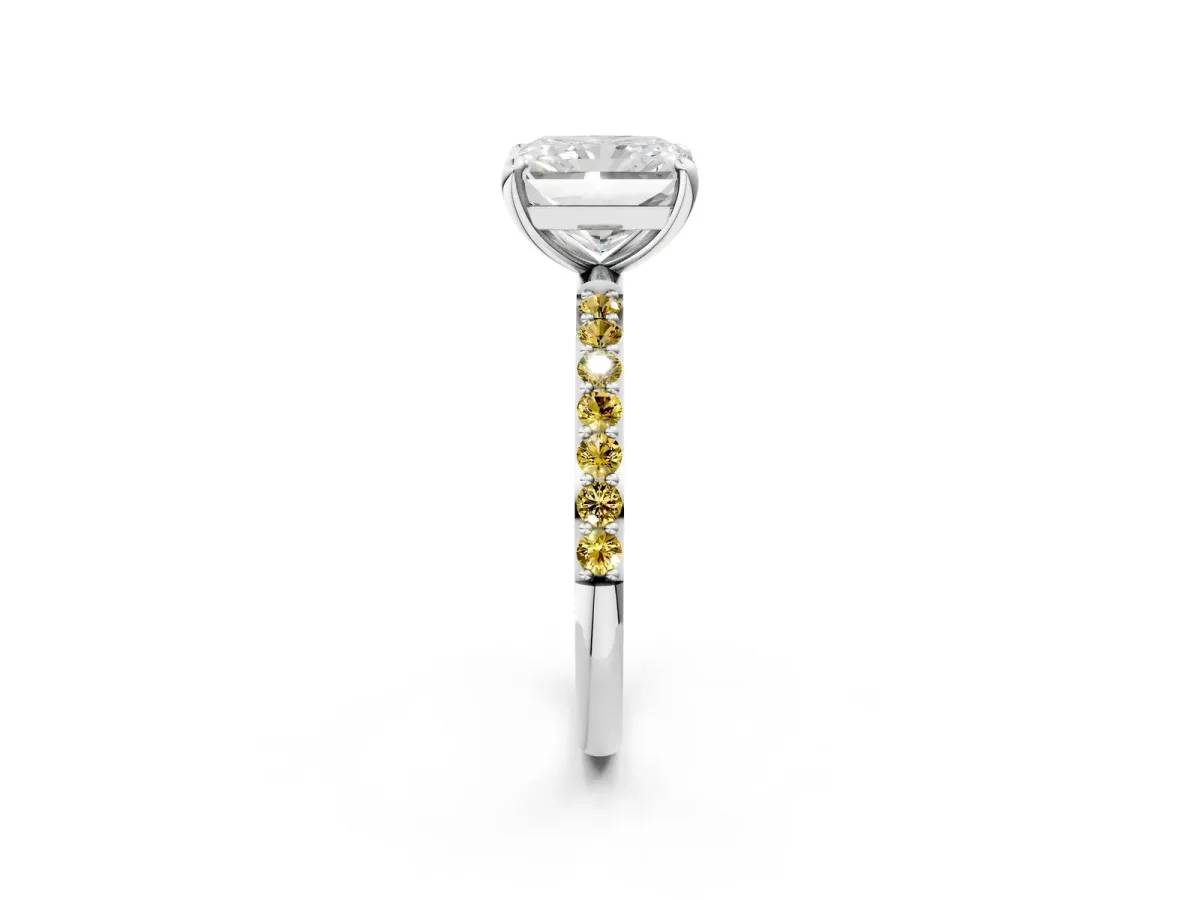 Radiant Cut Diamond Solitaire Ring with Round Yellow Sapphire Pavé Band and Prong Setting Silver