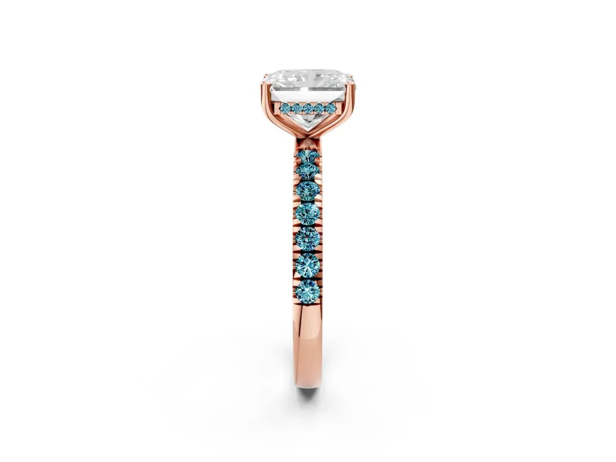 Radiant Cut Diamond Pave Band Solitaire Ring with Round Blue Topaz and Prong Setting Rose gold