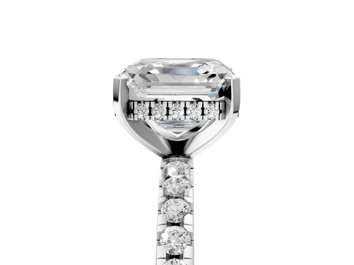 Asscher Cut Diamond Solitaire Ring with Round Pavé Band and Four-Prong Setting Platinum