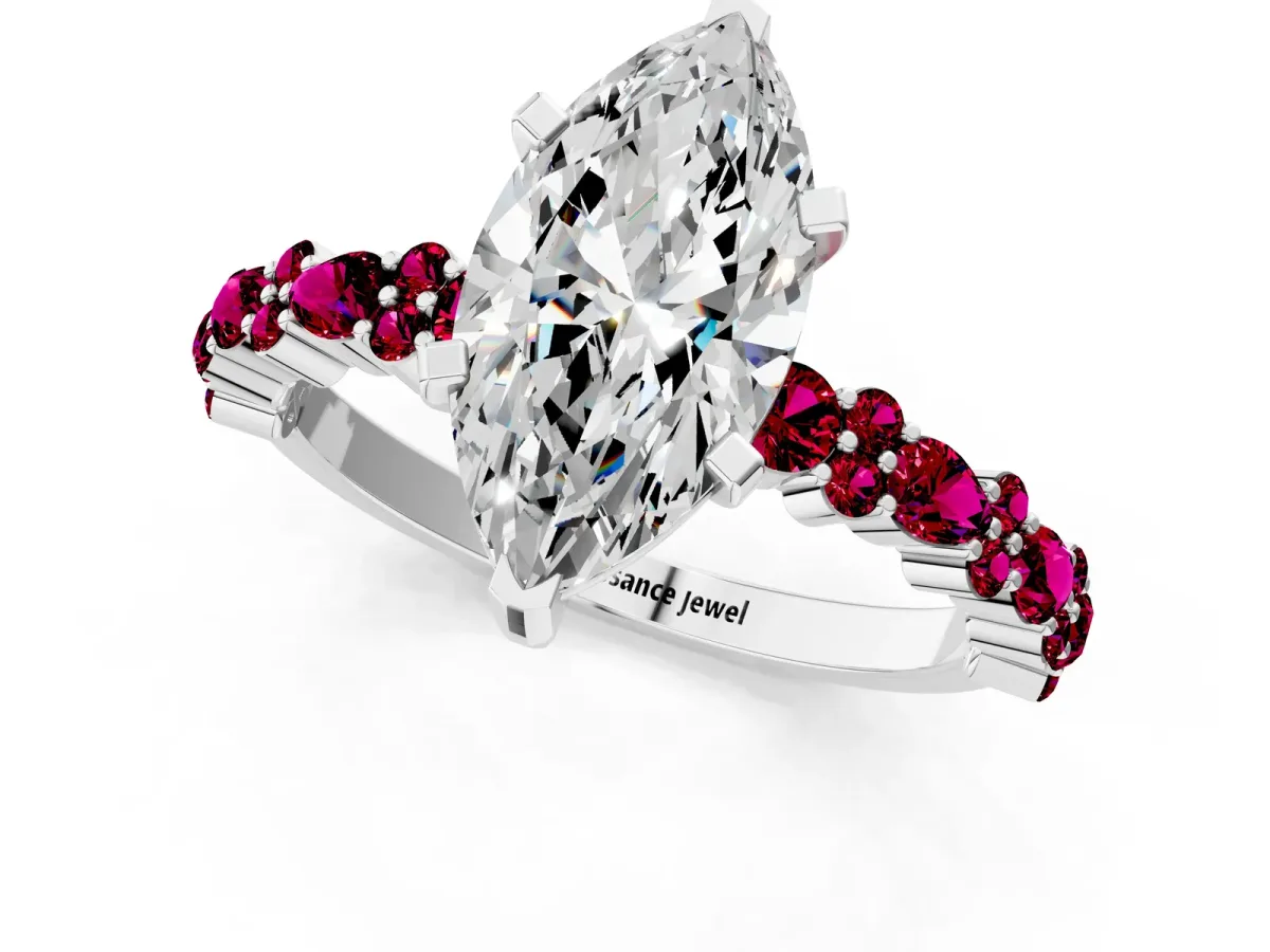 Marquise Cut Diamond Side Stone Solitaire Ring with Round Garnet and Four-Prong Setting Platinum
