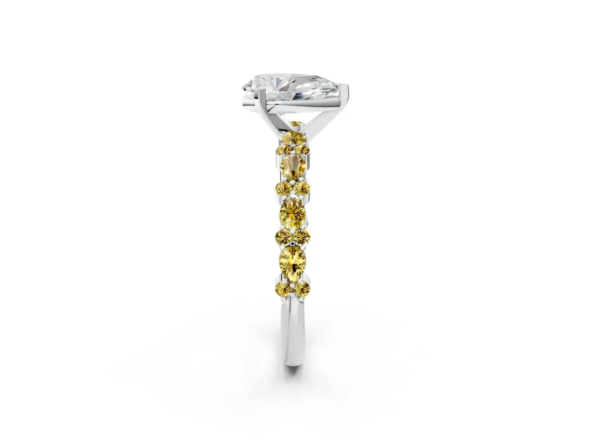 Pear Cut Diamond Side Stone Solitaire Ring with Round Yellow Sapphire and Four-Prong Setting Platinum