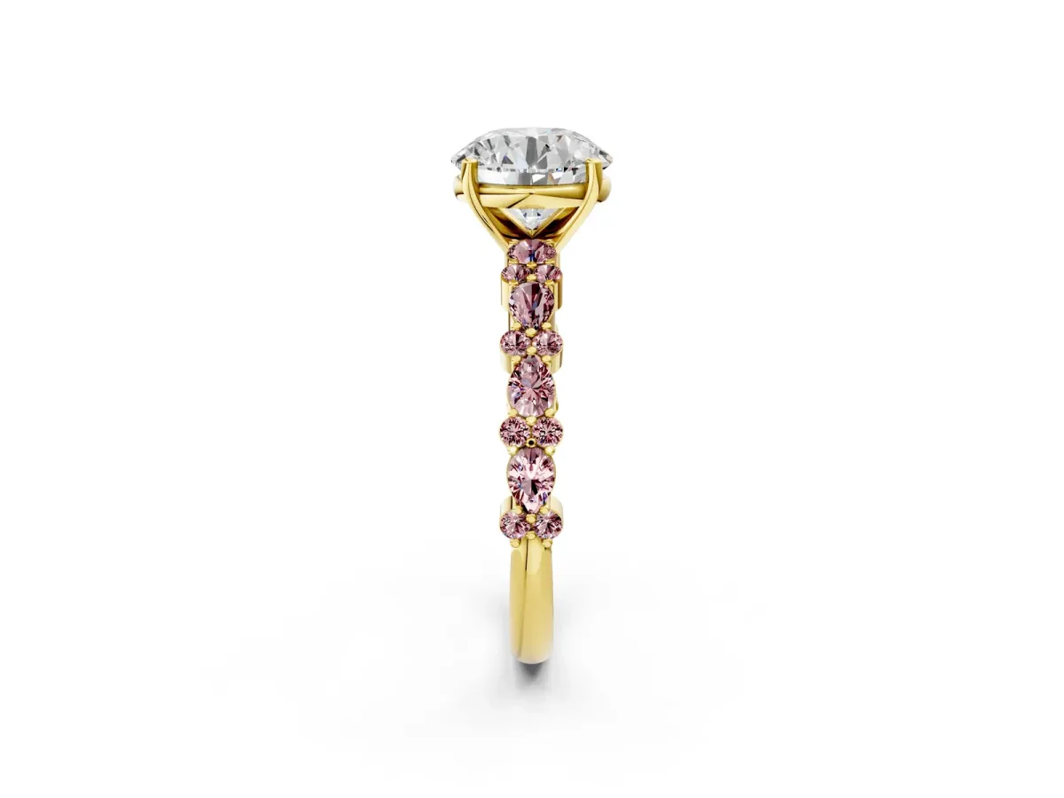 Round Cut Diamond Side Stone Solitaire Ring with Round Morganite and Four-Prong Setting Yellow gold