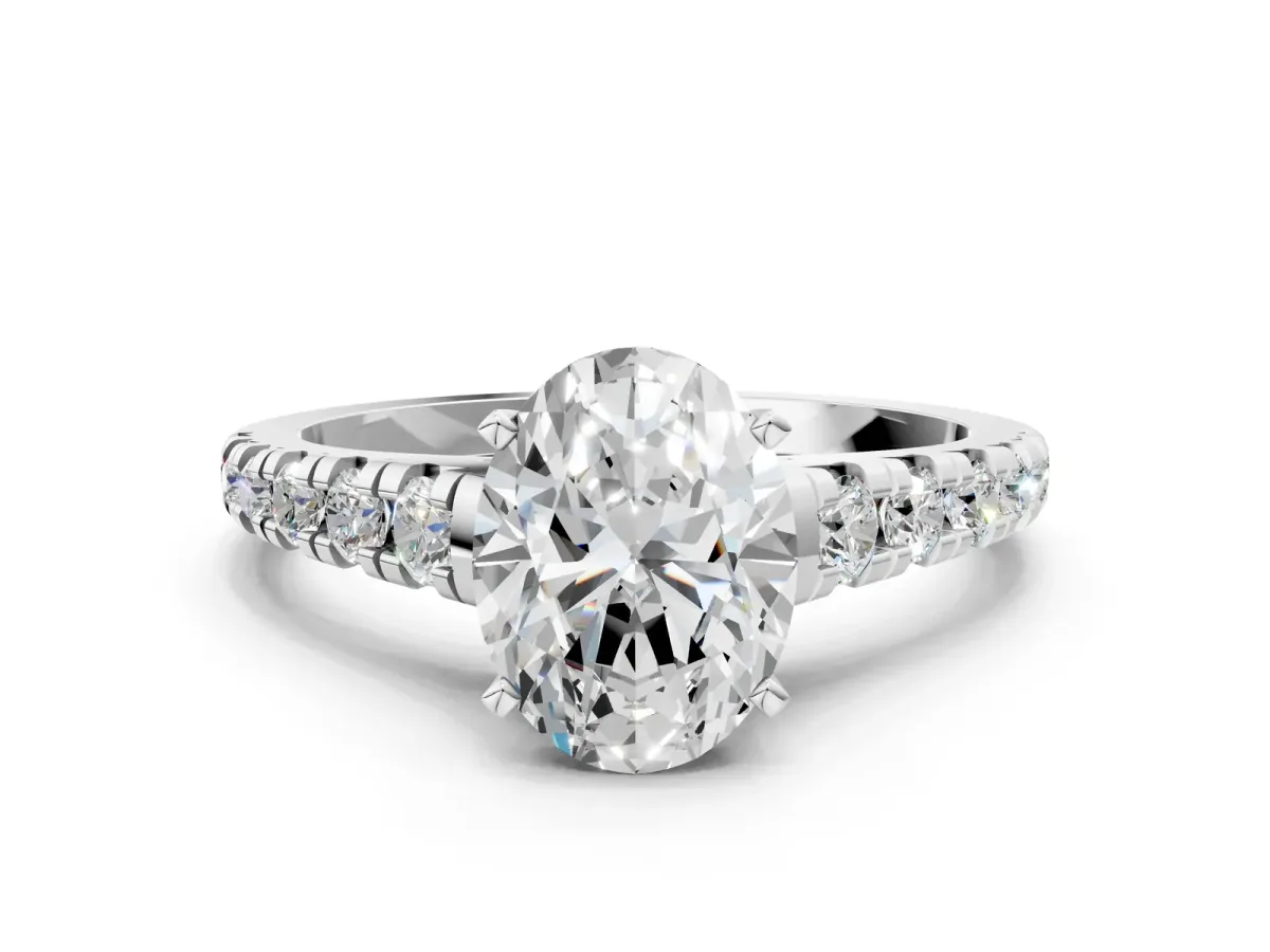 Oval Cut Diamond Cathedral Solitaire Ring with Round Pavé Band White gold