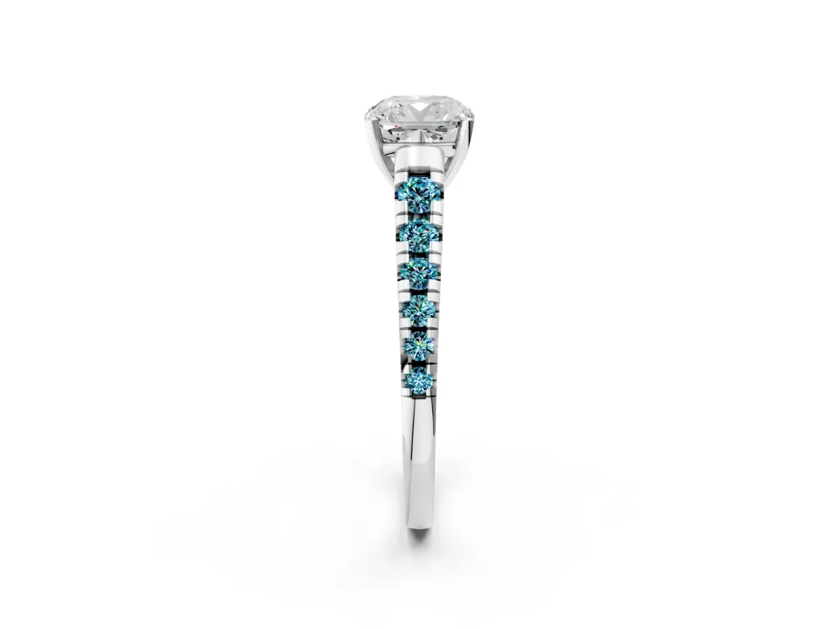 Cushion Cut Diamond Cathedral Solitaire Ring with Round Blue Topaz Pavé Band Platinum
