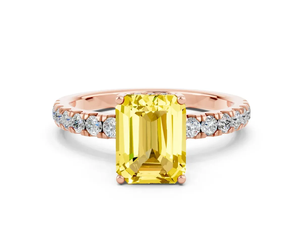 Emerald Cut Yellow Sapphire Pave Band Solitaire Ring with Round and Prong Setting Rose gold