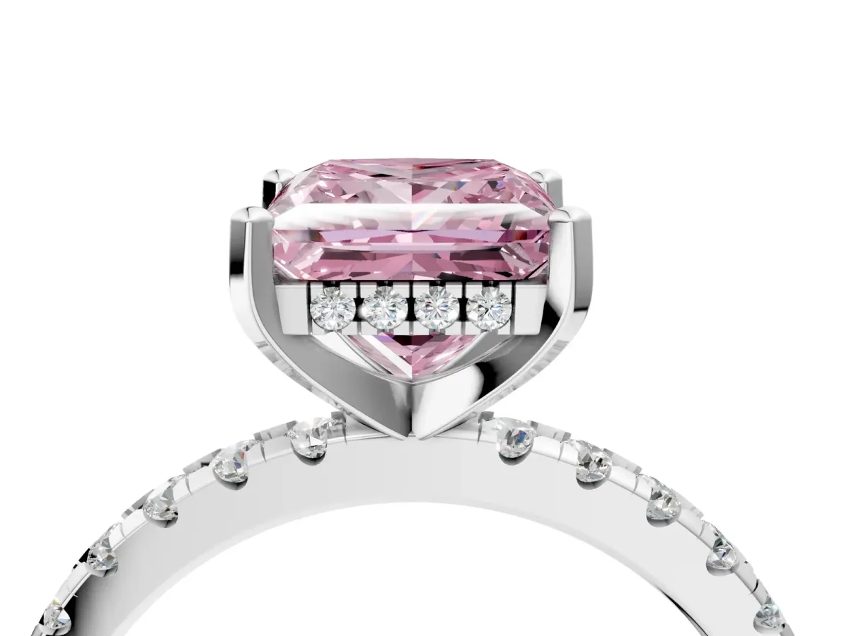 Fancy Pink Princess Cut Diamond Solitaire Ring with Round Pavé Band and Four-Prong Setting Platinum