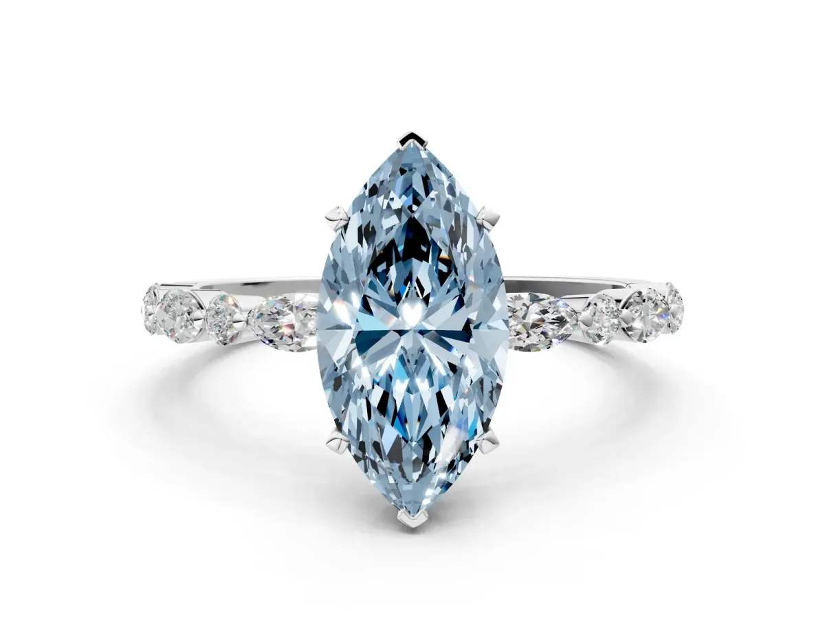 Fancy Blue Marquise Cut Diamond Ring with Marquise and Round Side Stones and Four-Prong Setting Silver