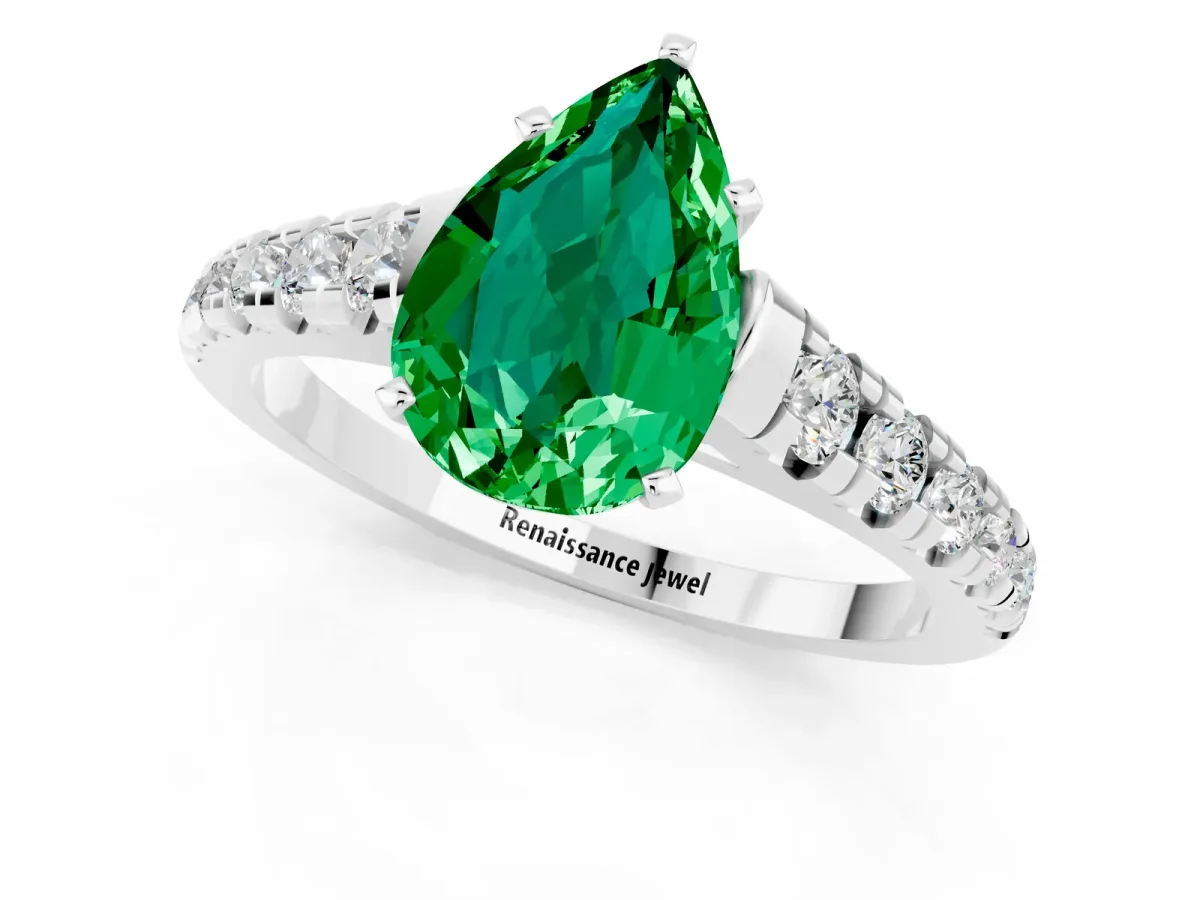 Pear Cut Emerald Cathedral Solitaire Ring with Round Pavé Band Silver