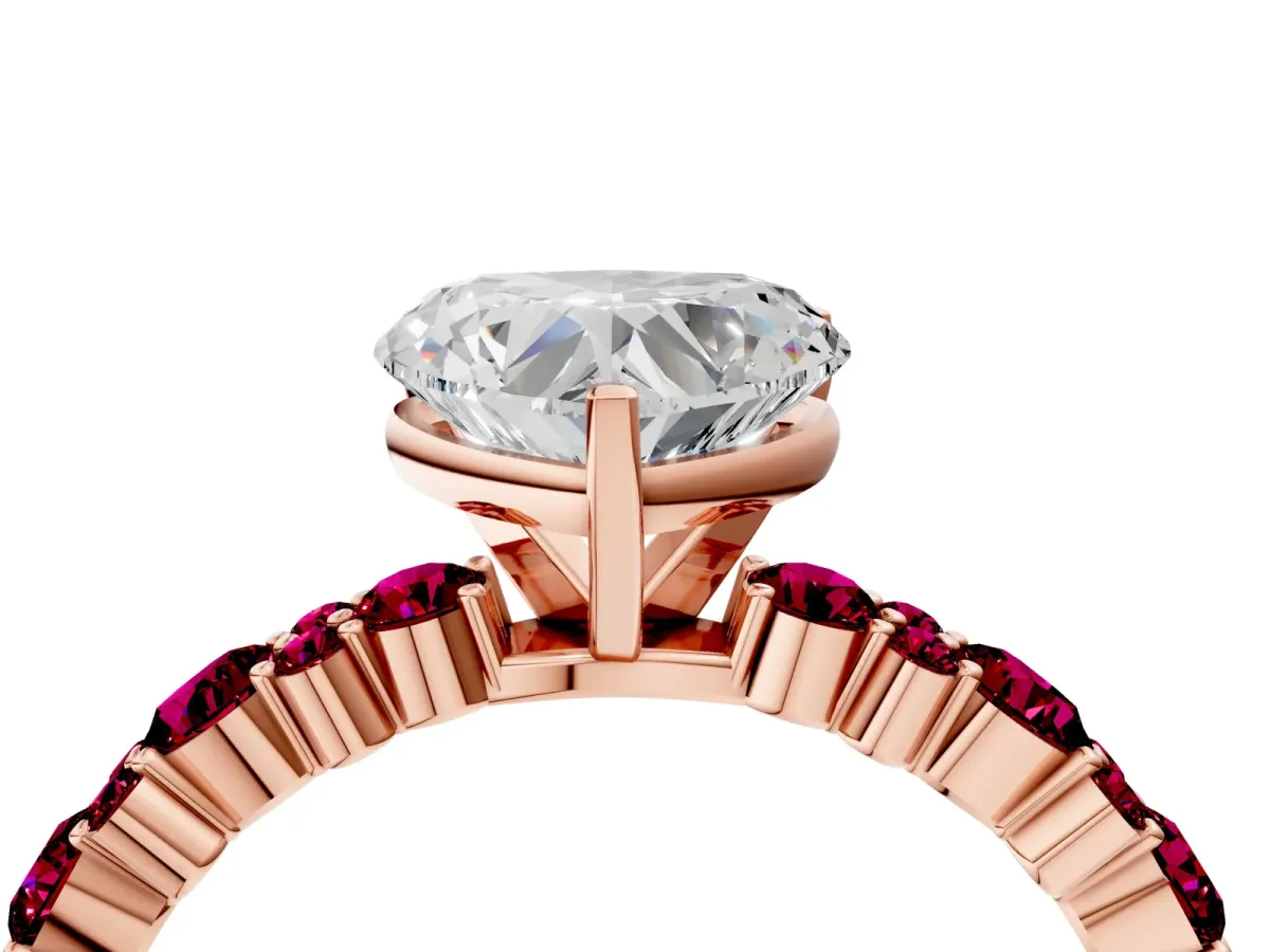 Heart Cut Diamond Side Stone Solitaire Ring with Round Garnet and Four-Prong Setting Rose gold