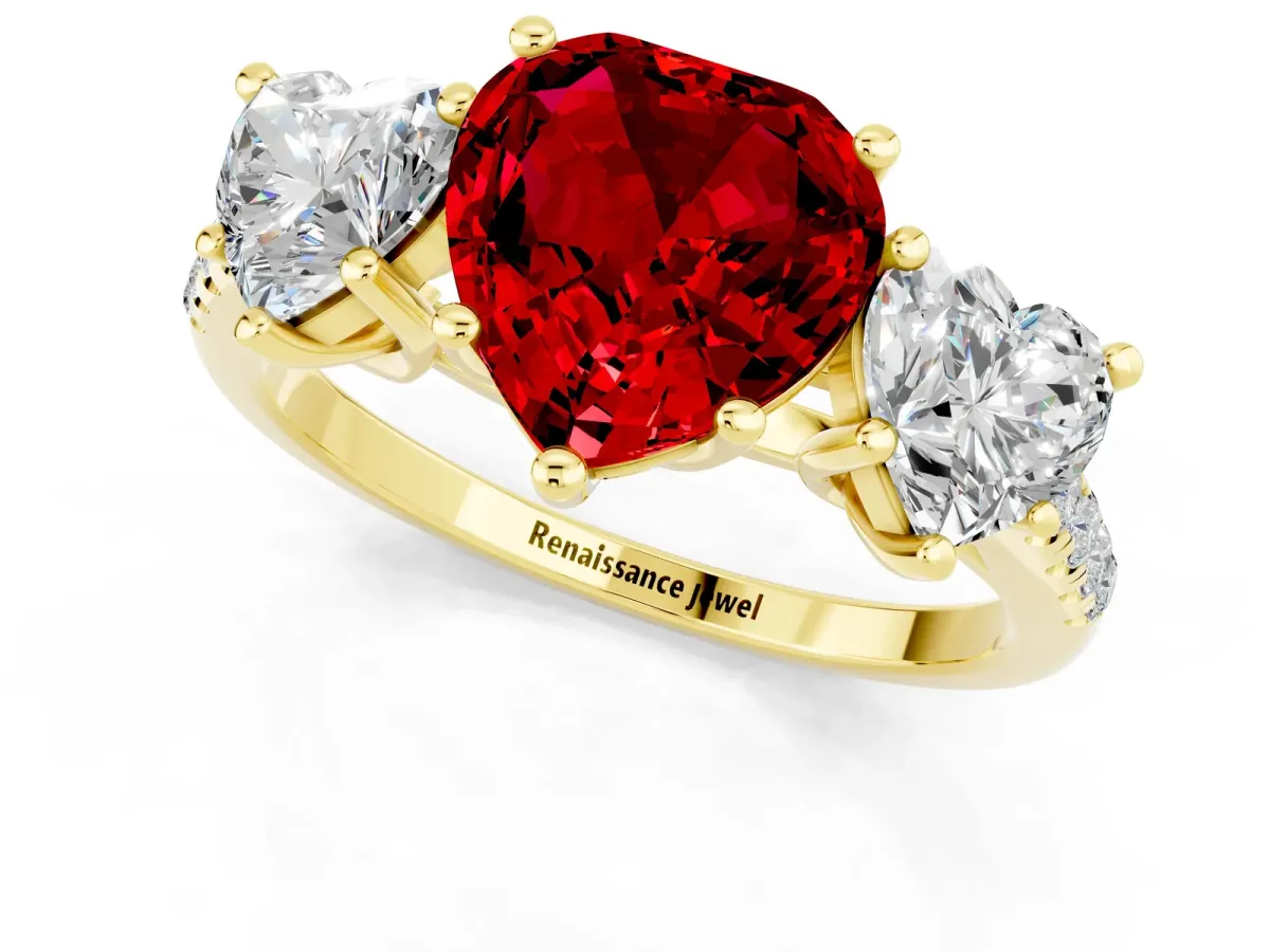 Three-Stone Heart Cut Ruby Ring with Round Pavé Band and Prong Setting Yellow gold