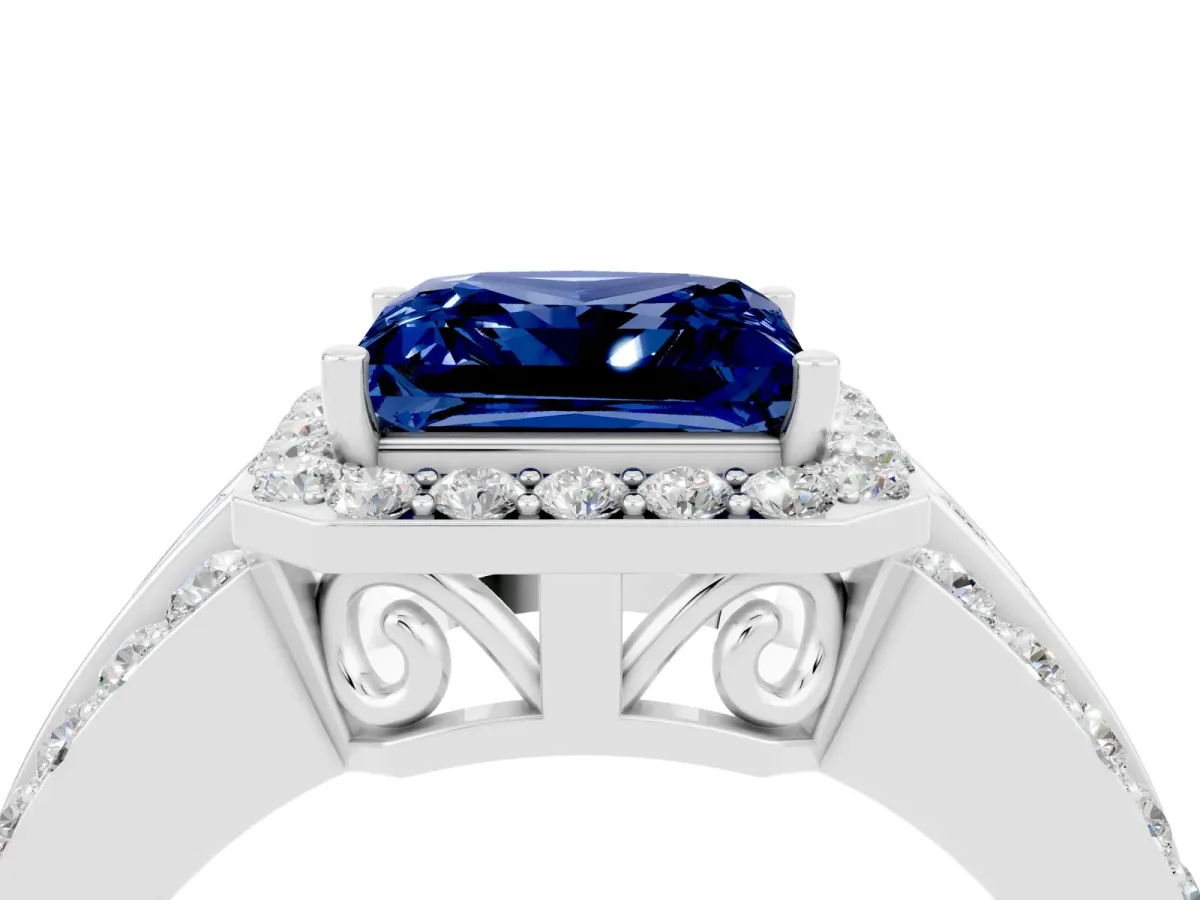 Princess Cut Halo Blue Sapphire Ring with Round Split Shank and Prong Setting Platinum