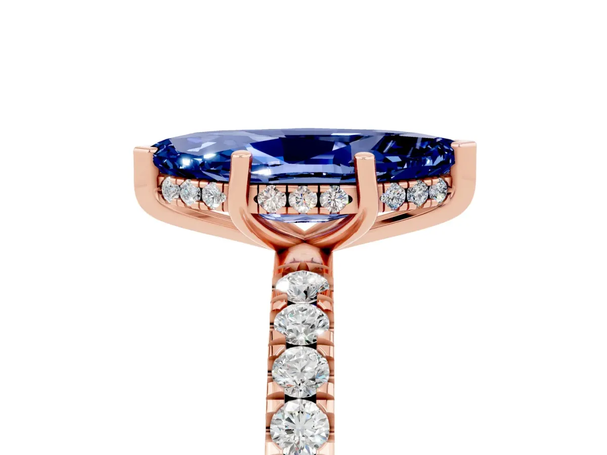 Marquise Cut Blue Sapphire Pave Band Solitaire Ring with Round and Prong Setting Rose gold