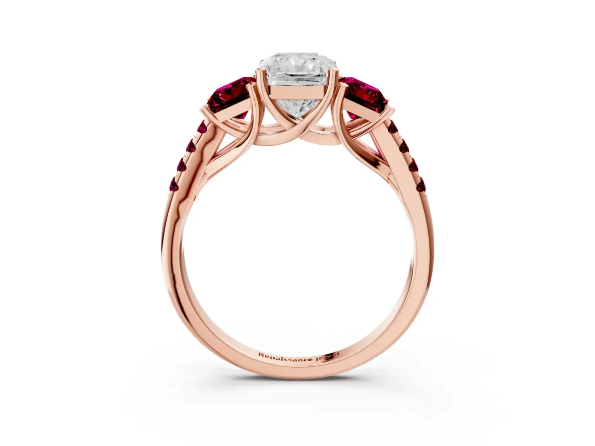 Three-Stone Radiant Cut Diamond Ring with Round Garnet Pavé Band and Prong Setting Rose gold