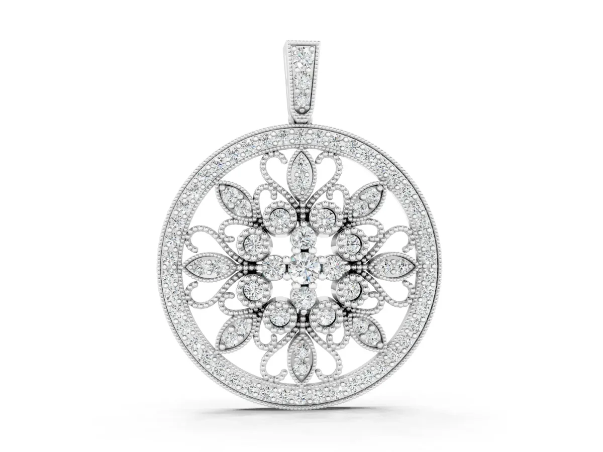 Round Pavé Diamond Filigree Pendant Silver