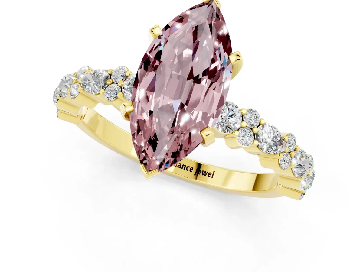 Marquise Cut Morganite Side Stone Solitaire Ring with Round and Four-Prong Setting Yellow gold
