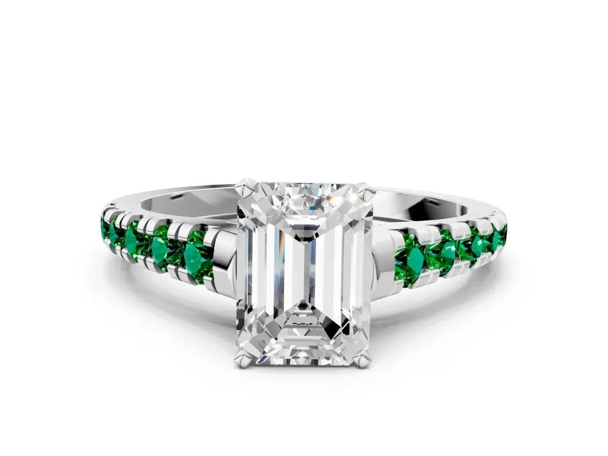 Emerald Cut Diamond Cathedral Solitaire Ring with Round Emerald Pavé Band White gold