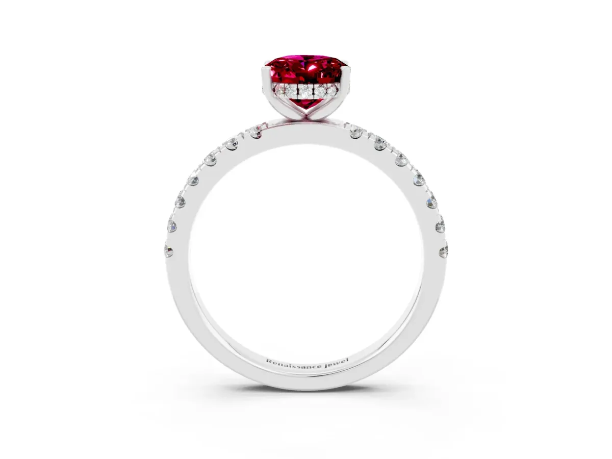 Oval Cut Garnet Pave Band Solitaire Ring with Round and Prong Setting White gold