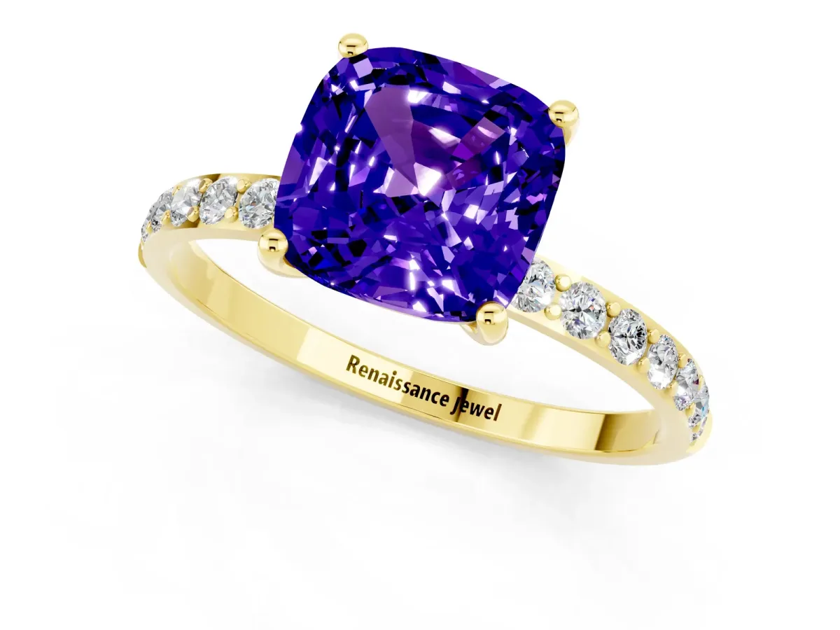 Cushion Cut Tanzanite Solitaire Ring with Round Pavé Band and Prong Setting Yellow gold