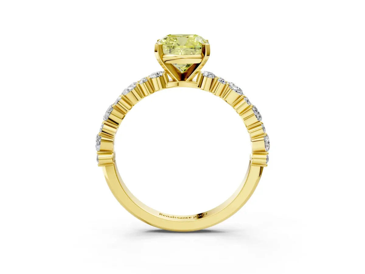 Fancy Yellow Cushion Cut Diamond Side Stone Solitaire Ring with Round and Four-Prong Setting Yellow gold