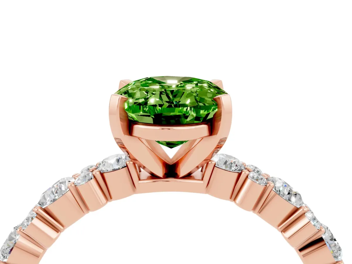 Oval Cut Peridot Side Stone Solitaire Ring with Round and Four-Prong Setting Rose gold