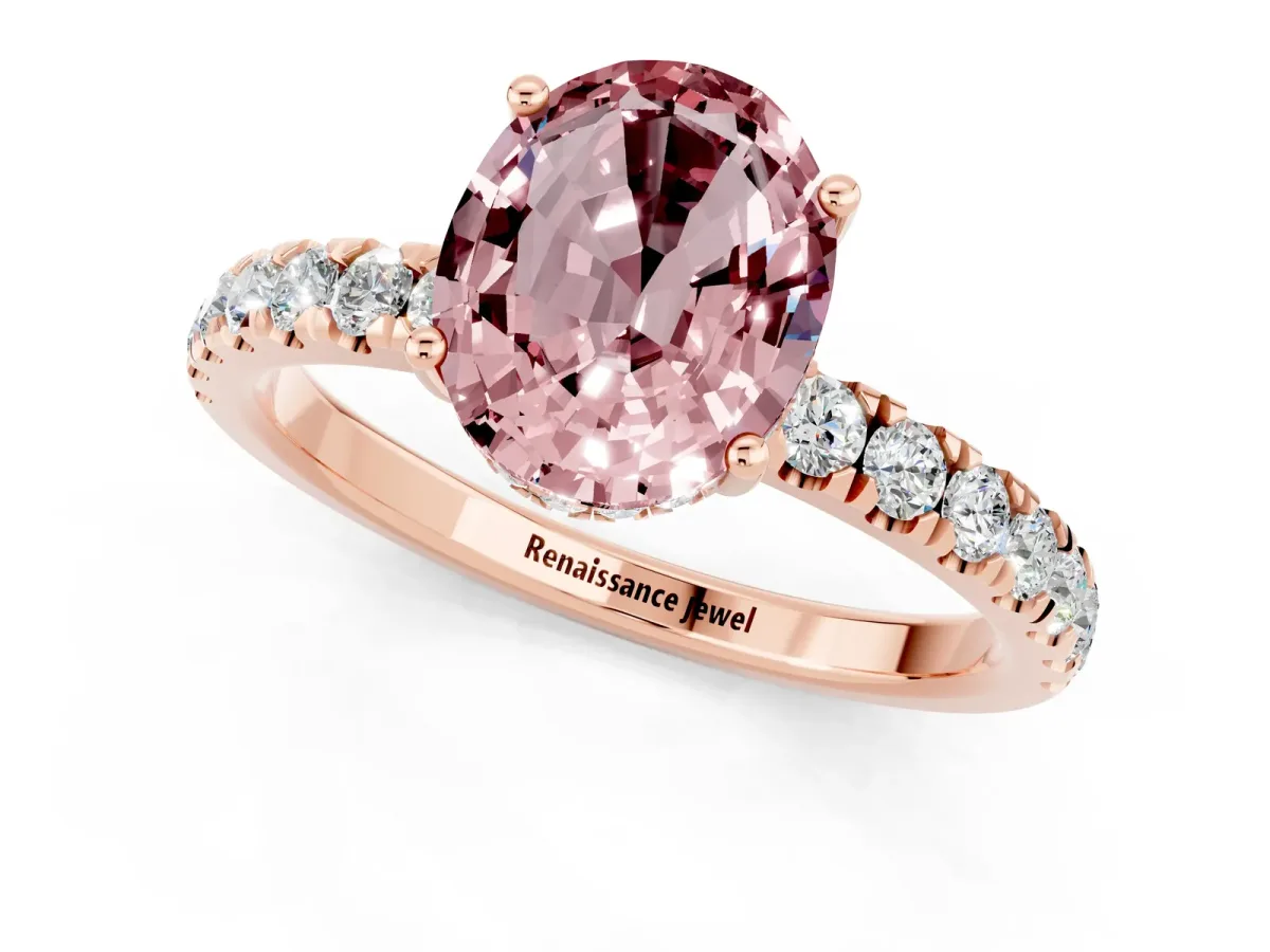 Oval Cut Morganite Pave Band Solitaire Ring with Round and Prong Setting Rose gold