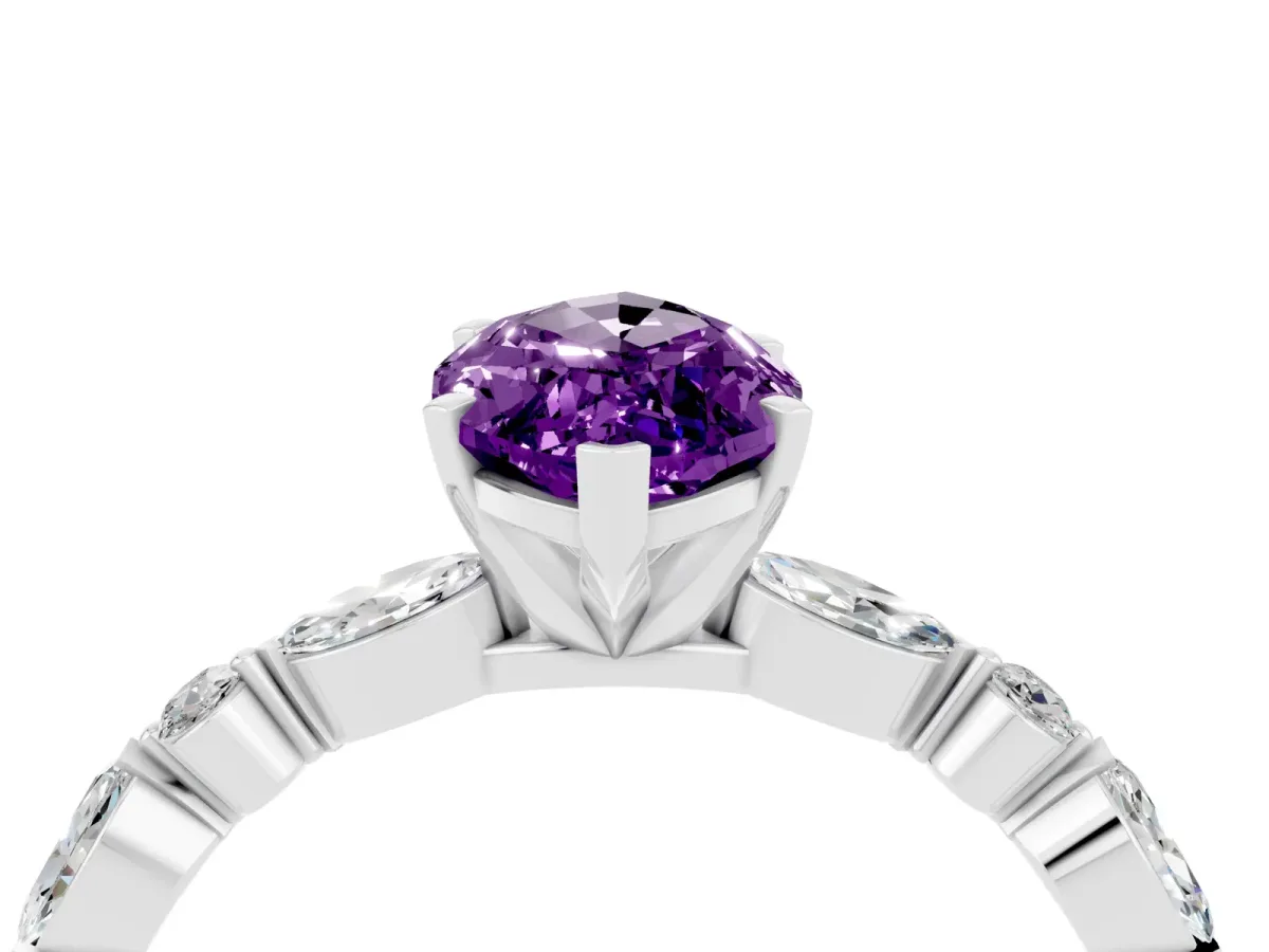 Marquise Cut Amethyst Ring with Marquise and Round Side Stones and Four-Prong Setting Platinum