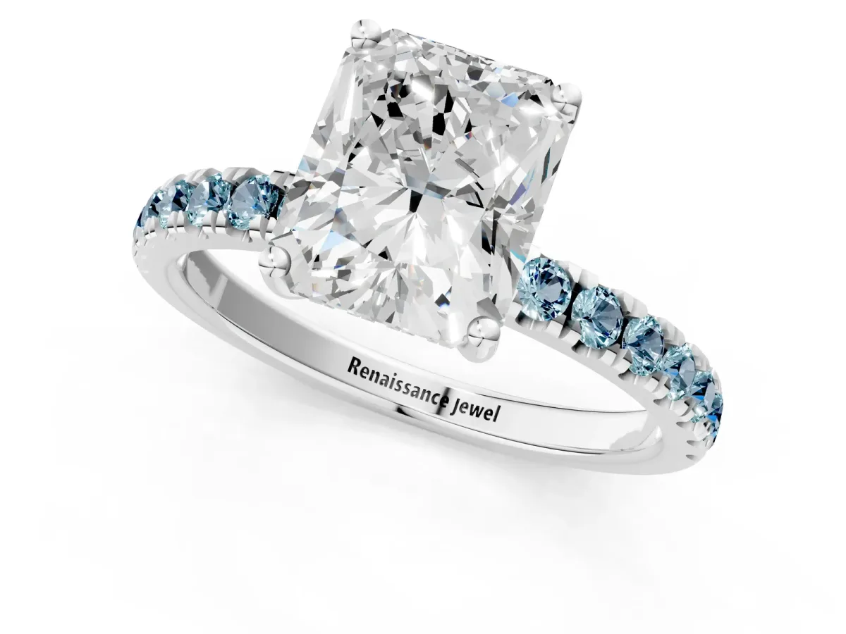 Radiant Cut Diamond Pave Band Solitaire Ring with Round Aquamarine and Prong Setting Silver