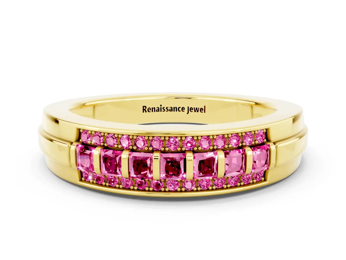 Bar-Set Princess Cut Pink Sapphire Pavé Band Yellow gold
