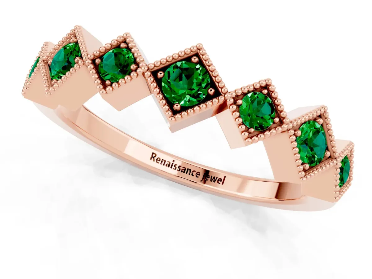 Milgrain Square Bezel Round Emerald Chevron Band Rose gold