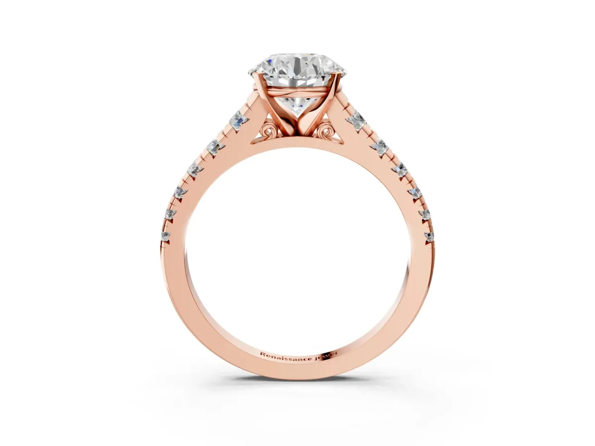 Round Cut Diamond Cathedral Solitaire Ring with Round Pavé Band Rose gold