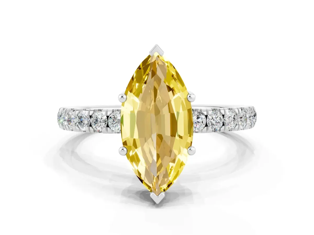 Marquise Cut Yellow Sapphire Pave Band Solitaire Ring with Round and Prong Setting Platinum