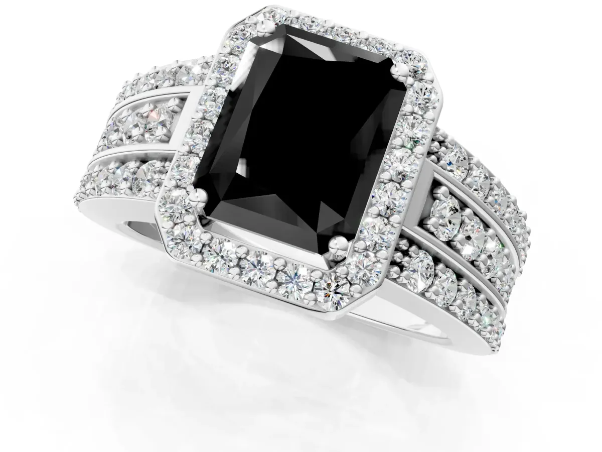 Fancy Black Radiant Cut Halo Diamond Ring with Round Split Shank and Prong Setting Platinum